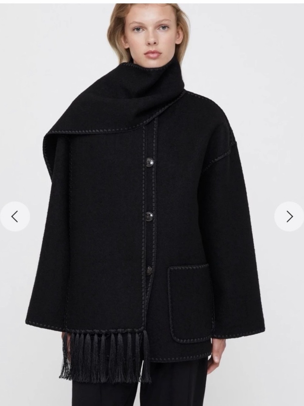Toteme Black Fringe Trim Wool-Blend Coat with Scarf Collar